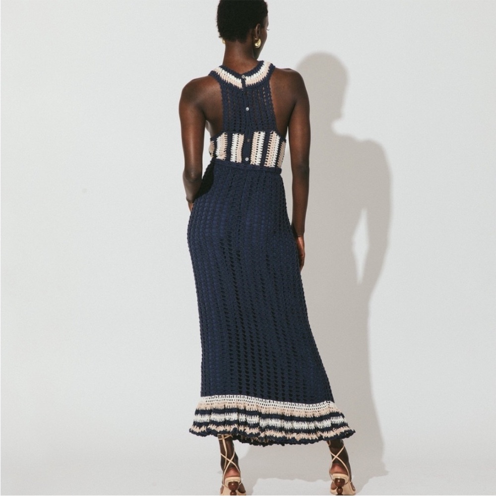 Cleobella small Navy and Cream Crochet Midi Dress ruffle hem - Picture 4 of 5